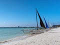 Paraw sailing boat docking on beach during bright day at Boracay Island