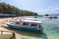 Boracay, Malay, Aklan, Philippines -Small ferry boats beached on the shoreline during low tide