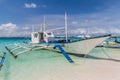 BORACAY, PHILIPPINES - FEBRUARY 1, 2018: Bangka boats at the White Beach at Boracay island, Philippin Royalty Free Stock Photo