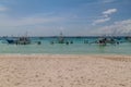 BORACAY, PHILIPPINES - FEBRUARY 1, 2018: Bangka boats at the White Beach at Boracay island, Philippin Royalty Free Stock Photo