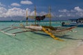 BORACAY, PHILIPPINES - FEBRUARY 1, 2018: Bangka boats at the White Beach at Boracay island, Philippin Royalty Free Stock Photo