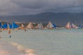 BORACAY, PHILIPPINES - FEBRUARY 1, 2018: Bangkas paraw , double-outrigger boats, Boracay island, Philippin Royalty Free Stock Photo