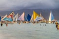 BORACAY, PHILIPPINES - FEBRUARY 1, 2018: Bangkas paraw , double-outrigger boats, Boracay island, Philippin Royalty Free Stock Photo
