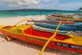BORACAY, PHILIPPINES - FEBRUARY 2, 2018: Bangkas paraw , double-outrigger boats, Boracay island, Philippin