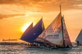 BORACAY, PHILIPPINES - FEBRUARY 1, 2018: Sunset behind Bangkas paraw , double-outrigger boats, Boracay island, Philippin Royalty Free Stock Photo