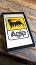 AGIP Eni petrol logo brand and six legged dog sign Italian multinational oil gas