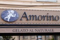 Amorino logo brand and text sign on facade Italian cafe of ice Gelato Icecream