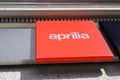 Aprilia bike logo sign and text front of motorcycle dealership italian motorbike