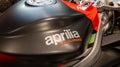 Aprilia racing logo text and brand sign on petrol tank detail motorcycle side view Royalty Free Stock Photo