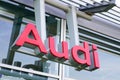 Audi wall dealership car sign logo and text brand shop German automobile manufacturer Royalty Free Stock Photo