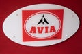 Avia 1957 sign text and logo brand on facade wall station fuel entrance