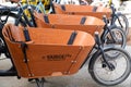 Babboe city logo sign and text brand on Curve Cargobike Several Dog cargo bikes in
