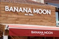 Banana moon logo brand and text sign on wall swim wear facade store fashion california