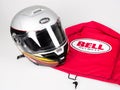 Bell helmet motorbike with cover red and logo sign for sale in motorcycle dealership