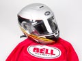 Bell helmet motorbike with cover red and logo text sign motorcycle rider Royalty Free Stock Photo
