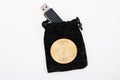 Bitcoin logo and b sign of coins cyber currency crypto piece of money and usb flash