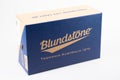 Blundstone logo and sign text on shoes box from tasmani in australia of brand boots