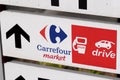 Carrefour market drive supermarket sign text and logo of french store hypermarket brand