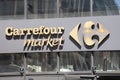 Carrefour market store chain brand sign and logo wall facade on supermarket shop