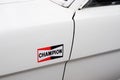 Champion spark plugs logo brand and text sign on stickers racing vintage car for race