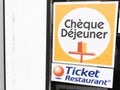 Cheque dejeuner Ticket Restaurant logo brand and text sign on windows restaurant