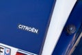 Citroen 2cv logo sign and text brand of 2 cv white blue old timer ancient car Royalty Free Stock Photo