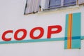 Coop logo brand and text sign facade entrance market store cooperative supermarket