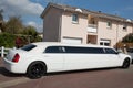 Bordeaux , Aquitaine / France - 11 07 2019 : Cream white stretched limousine for celebrities wedding special events in limo