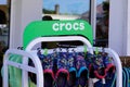 Crocs text sign and logo brand American footwear company store foam clog plastic shoes