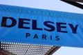 Bordeaux , Aquitaine / France - 07 07 2020 : Delsey paris logo sign on flag store of French company manufactures luggage and