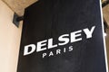 Delsey paris logo sign text and brand on French boutique luggage and travel shop