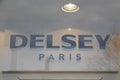 Delsey paris logo sign and text brand on windows of French company manufactures luggage