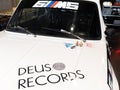 Deus records Ex Machina logo text and brand sign on racing bmw car M5 motorsport Royalty Free Stock Photo