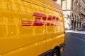Bordeaux , Aquitaine / France - 11 07 2019 : DHL delivery van car courier closeup yellow truck