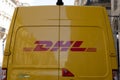 DHL deutsche post group text logo and brand sign on rear back delivery panel van car