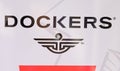 Dockers sign and logo text of shop entrance for fashion clothes brand store and