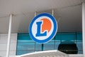 E.Leclerc logo text and sign brand front facade supermaket hypermarket on leclerc