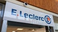 E.Leclerc sign brand French hypermarket chain leclerc logo text on entrance facade