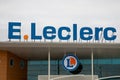 E.Leclerc sign brand French hypermarket leclerc logo text on facade store entrance