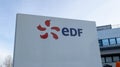 EDF sign logo and brand text on panel of French multinational electric utility company Royalty Free Stock Photo