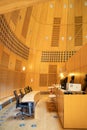 Empty courtroom with judge and clerks workplace modern design interior wooden
