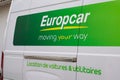 Europcar logo and sign rent car lon side truck panel van of rental french vehicles