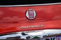 Fiat 500 anniversario logo text and brand sign on red color limited edition car Royalty Free Stock Photo