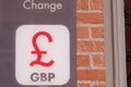 Ã¢âÂ¬ GBP text brand badge with pound sterling sign on change bank office agency wall