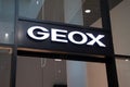 Geox shoes store sign text and shop brand logo for Italian clothes entrance boutique