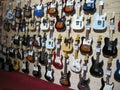 Bordeaux , Aquitaine / France - 03 03 2020 : Guitar in music shop many electric guitars body aligned in the store Royalty Free Stock Photo