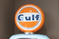 gulf motor oil old petrol station sign brand and text logo on pump ancient chain fuel