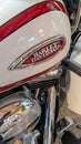 harley davidson logo text and brand sign on petrol white red tank fuel us american Royalty Free Stock Photo