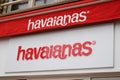 Havaianas logo text and sign front of store of Brazilian brand of flip-flop sandals