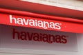 Havaianas logo and text sign outside of store of Brazilian brand of flip-flop sandals